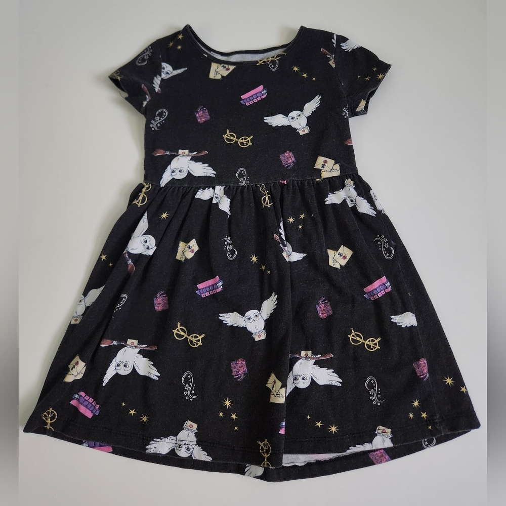 Harry Potter Hedwig Owl Letters Dress Black Halloween Short Sleeve Girls XS 4/5
